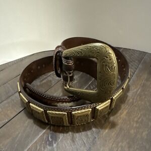 3D Belt Co Western Belt Brass Conchos Tooled Buckle Size 34 Brown 8634